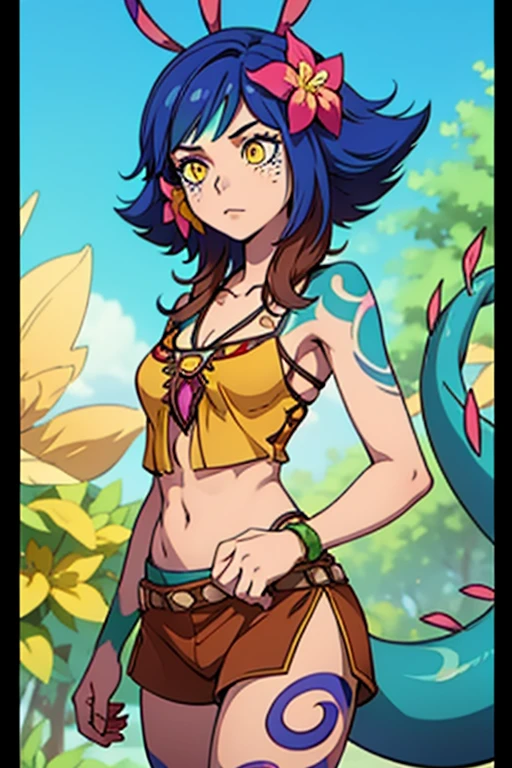 Neeko, 1girl, facial marks, hair ornaments, hair flower, necklace, brown shorts, crop top, multicolored skin, lizard tail, body paint, yellow eyes, cowboy shot, perfect anatomy