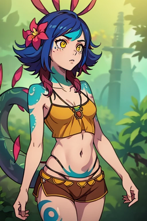 Neeko, 1girl, facial marks, hair ornaments, hair flower, necklace, brown shorts, crop top, multicolored skin, lizard tail, body paint, yellow eyes, cowboy shot, perfect anatomy