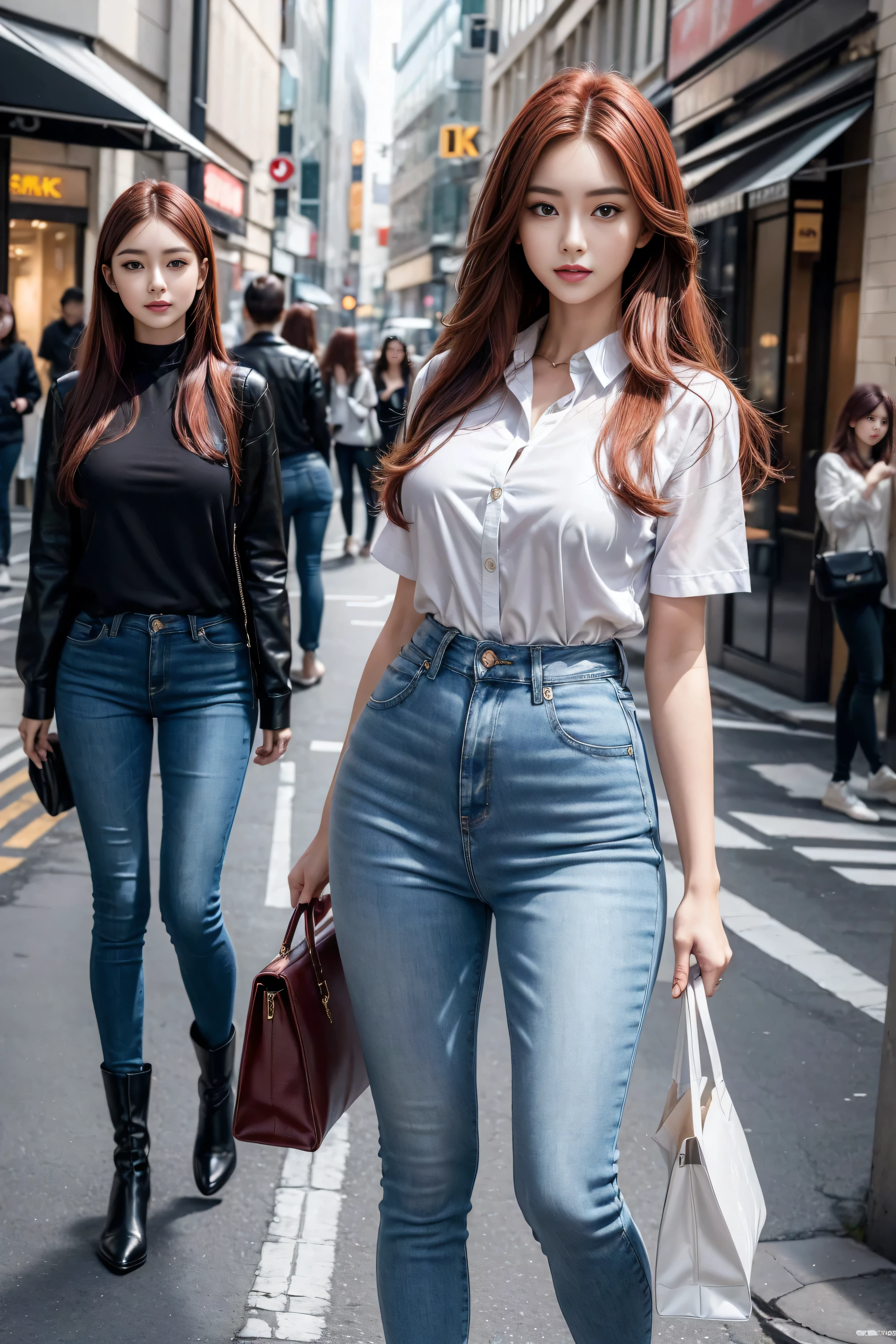 ((Realistic lighting, best quality, 8K, masterpiece:1.3)), Lock focus:1.2, 2 girls, Beautiful Women in Perfect Shape:1.4, : Beautiful Korean girl, Korean Idol,Leg length,(Pale skin), (big eyes),(Smile:0.8),(Plump and sexy lips), Complex and detailed face, ((Super delicate skin)),Delicate face,Super thin face,Squinting,Double eyelids,((Dark red hair)), (Open collar shirt),Background Shibuya street,Large depth of field,Super thin face,Squinting,Double eyelids,(Start from below:1.attitude,(Medium chest:1.2),Sexy long legs, (Thigh gap:1.5),Wide hips,S-Shaped Body, Hip lift,Leg length,Light blue skinny jeans,Full body proportions from the front,Long over-the-knee leather boots,