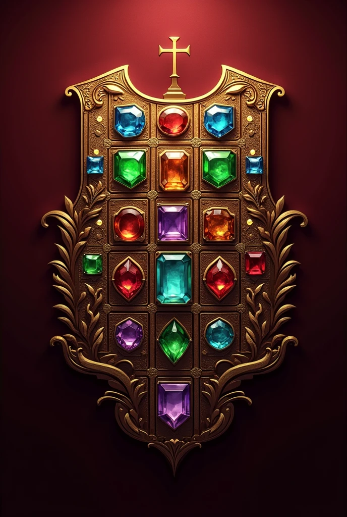 "Create a logo based on the Biblical breastplate with 12 colorful gemstones, representing the Tribes of Levi. The design should feature the gemstones arranged in a grid or decorative pattern, with Marsala as the prominent color for the background and accents. Incorporate Christian symbolism in the design, reflecting reverence and elegance. Add the phrase 'Geração Levi' prominently within or below the peitoral. Ensure the design captures the essence of the Biblical breastplate while maintaining a classic and refined look."