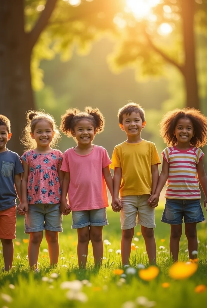 (photorealism:1.2), A group of children smiling contentedly, holding hands in a circle, with a warm glow surrounding them, representing their shared happiness and gratitude.