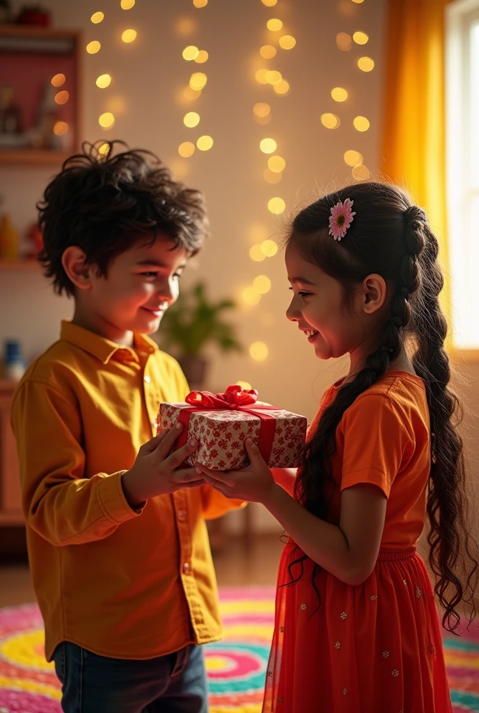 A brother is giving gift to his sister for rakhi