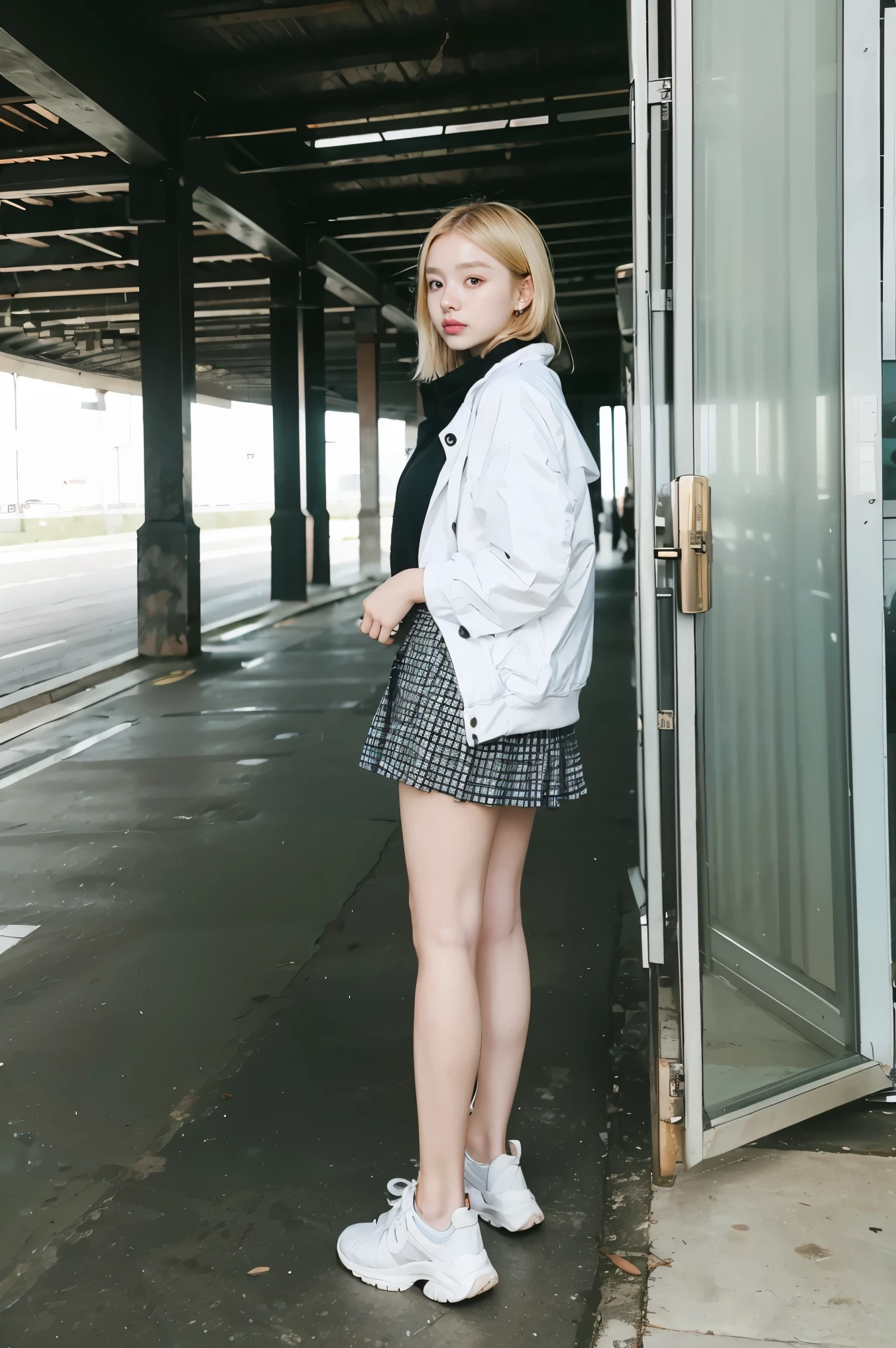 Masterpiece, High quality, 1girl, Holding a long checkered skirt, Digital Camera, white jacket, Blonde, Facing forward, looking at camera, full body, In the middle of the screen