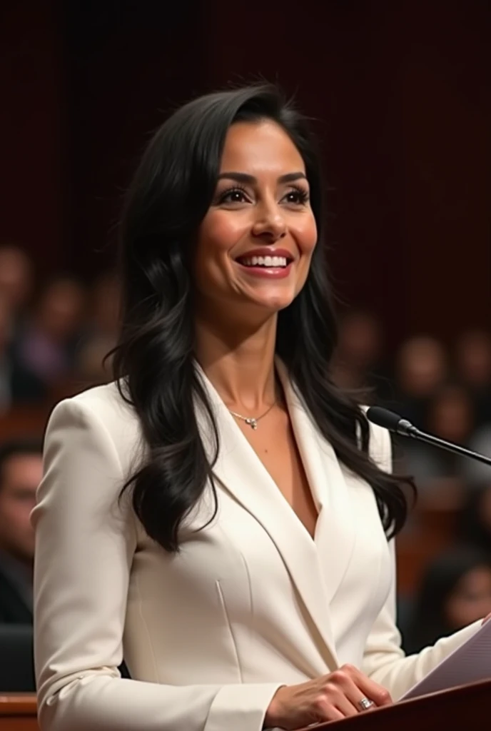 The SAME sophisticated executive face , Latin woman, of 1,80 meters high, slim brunette, straight black hair without waves, large eyes, elongated profile , threaded nose, medium thick lips, with a beautiful smile, professional, that she's wearing white, Speaking through a microphone in an auditorium..