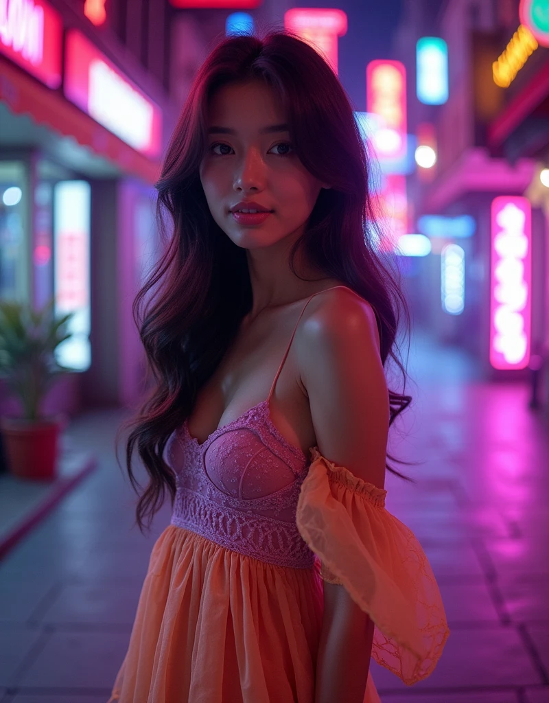 asian girl wearing an elegant dress casual at night, in the style of iconic album covers, neon-infused digitalism, animated gifs, light purple and light amber, i can't believe how beautiful this is, soft-focus portraits, chicano-inspired --ar 1:2 --stylize 750 --v 6