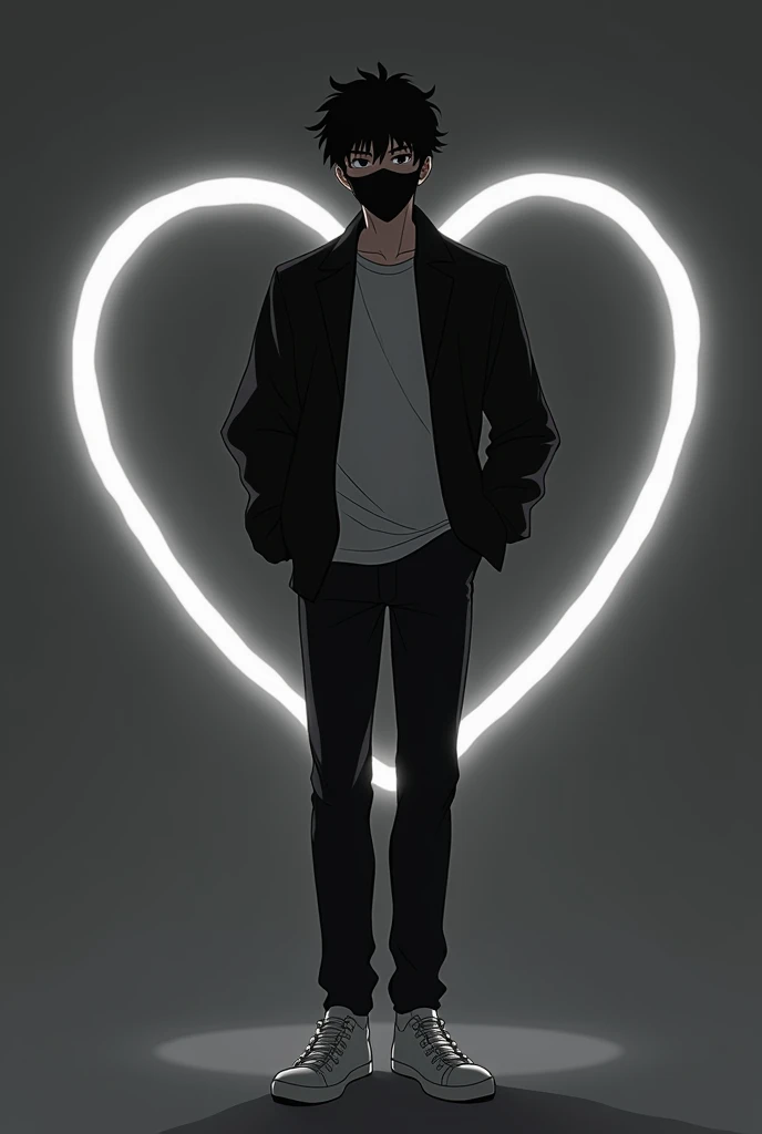 A boy tall boy wearing a black jacket with a white tshirt inside the jacket, a black trouser, white shoes with a black mask on mouth . He is an anime boy. The background is blackish grey with a heart only having boundary. The colour of boundary is white . The image contains only a half heart on right side boy is standing between the heart and the mask is on the mouth not on eyes the background is dark the boy is standing between the heart 

