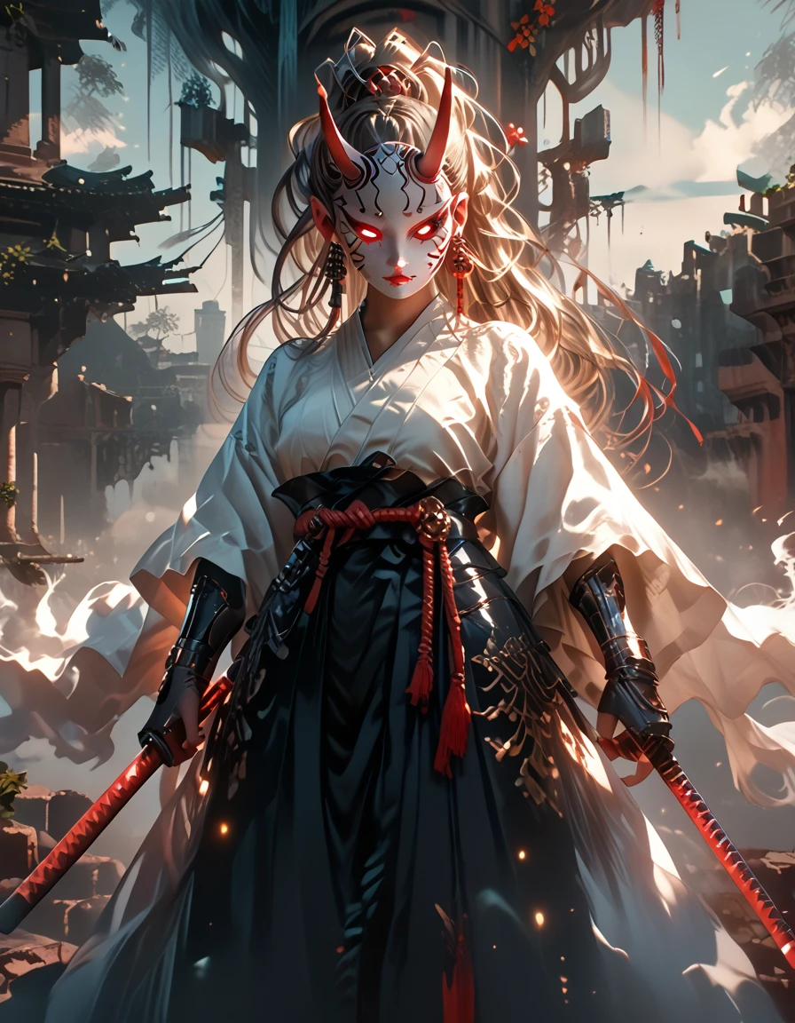 Girl 1, hkwarrior, holding a katana in her hand, Katana Emits Blue Light Sharp, beautiful figure, Samurai, Belt of Intertwined Ropes, light armor, There is an Oni mask hanging on the Belt, bright lilac eyes, long hair, hair of two colors (Red and Series), Evolve in the wind, Background Ancient Ruins, Broken Column, Tower, Clear drawing of details, All by authorship, The brightest colors, Fantasy, Cinematic film yet, check_9, check_8_up,check_7_up, dramatic lighting, very detailed, high budget,hips, synoscope, epic, fabulous, granularity, grainy,masterpiece, Best quality, Ideal Anatomy, very aesthetic, official art, 8 K, the full picture, full length, Wide Grip,