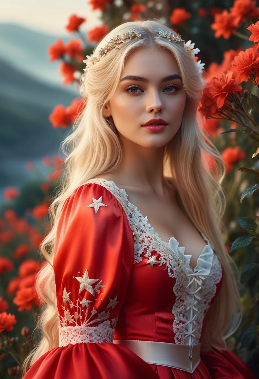 Oil painting style, mysterious and beautiful landscape with stars, flowers, natural light, light and brightness. Glossy rich platinum blonde_straight long hair, pastel red costume_lace puff sleeves, detailed details, (Best quality, 4K, 8K, high resolution, masterpiece: 1.2), (upper body close-up angle), (highly detailed, realistic: 1.37), the film is composed of soft lighting, dramatic mood lighting, vivid colors, dreamy, subtle magic, detailed, quiet, fragile, elegant, cinematic, dramatic, great composition.