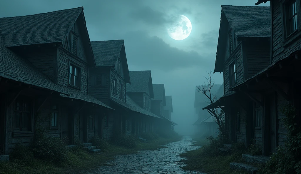 A dark, abandoned village at night, shrouded in thick fog, with old, crumbling houses silhouetted against the moonlight.