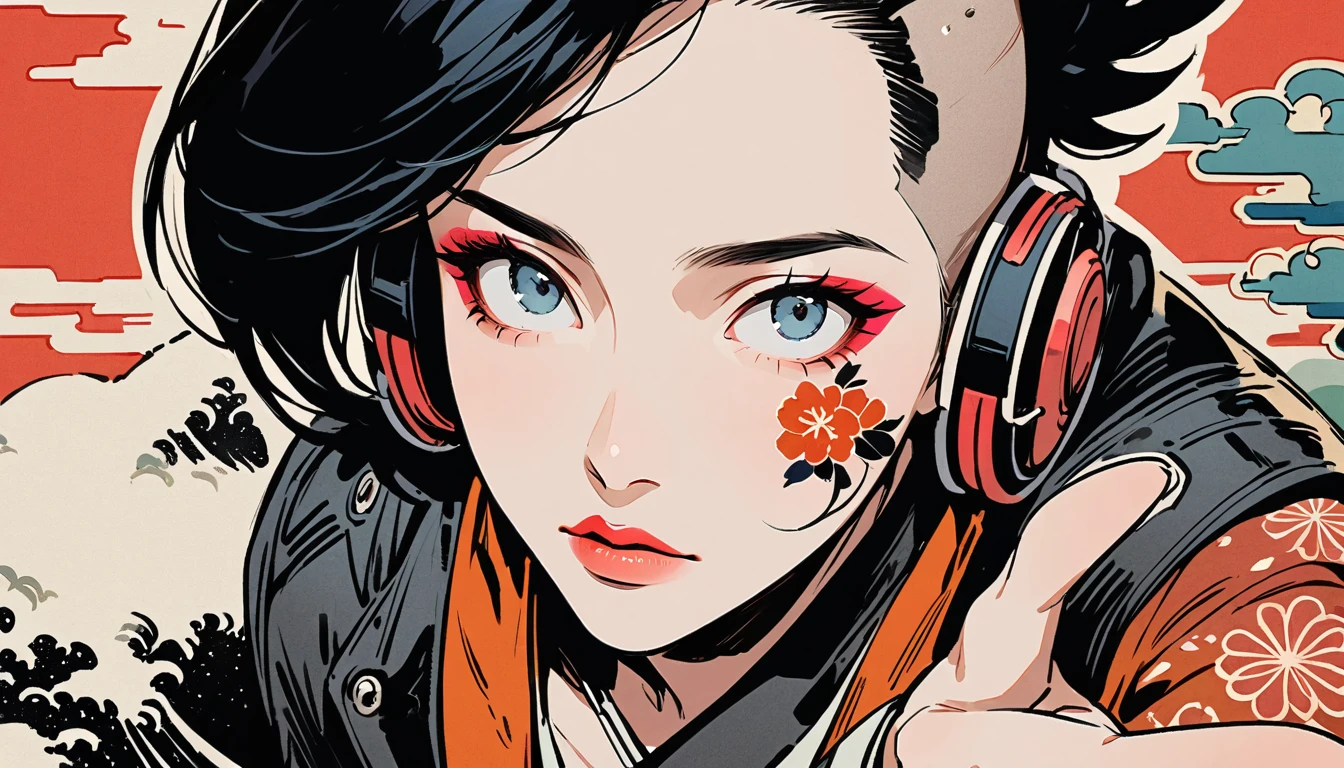 (((Ink Painting))), (((from above))), (((1 female))), (((Leather jacket with Japanese patterns))), (((Mohawk))), (((Very flashy makeup))), (((Finger guns))), Japanese style headphones, face close-up, front view, Japan人の美少女, Black Hair, Delicate and precise, Modern ukiyo-e style,Japan, Droopy eyes, round face, Glare, Fuller lips, vivid color