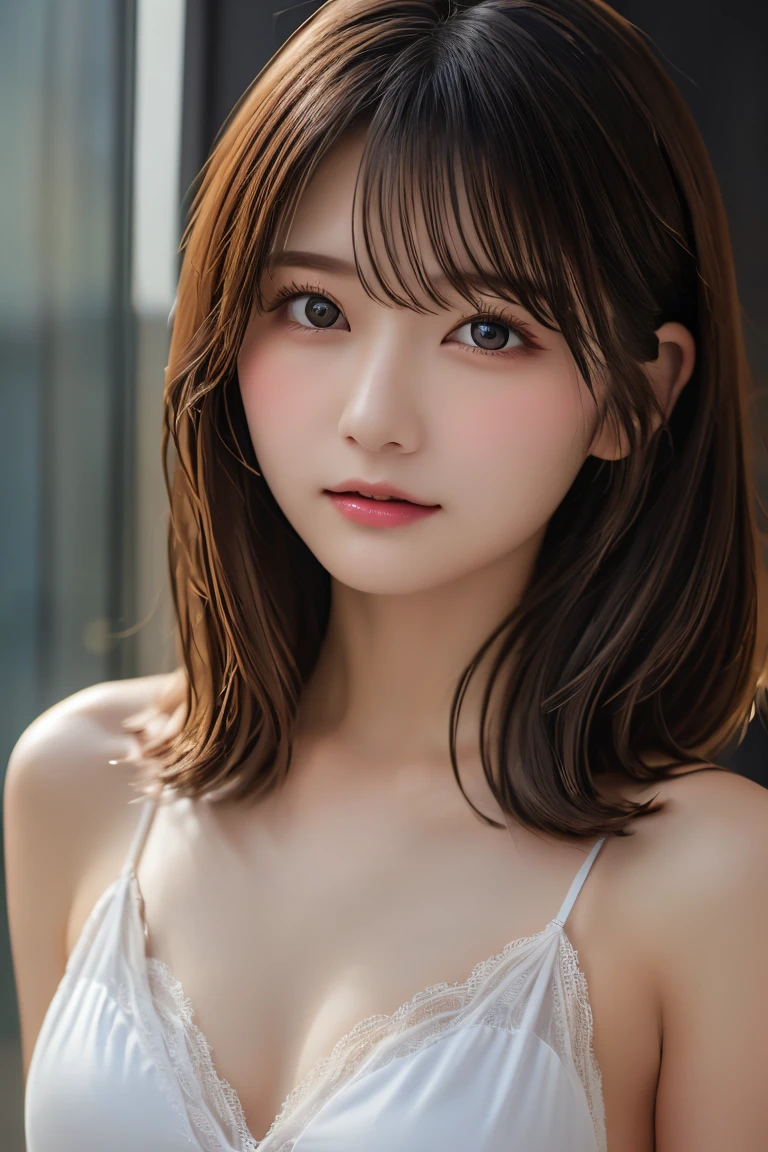 Highest quality, (beautiful)、beautiful女性、Precision Eyes、Brown Hair、Brown eyes、Looking into the camera、Soft Breasts、Medium Hair、Inward curl hair、Straight Hair、indoor、Fancy negligee、Upper Body