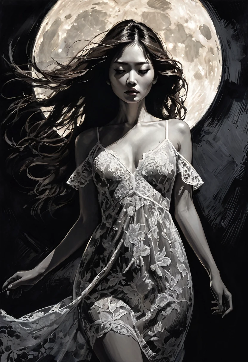 slim, sexy girl, with a very sexy lace dress, very long brown hair, Korean features, sexy dress, magic, moon, , eroticism, sexy, black and white image, between shadows, oil painting, chiaroscuro, sensual, dramatic lighting, moody atmosphere, sketch, intricate details, masterpiece, ultra-detailed, high quality, 8k, best quality, realistic, cinematic, dark and brooding, expressionistic, powerful composition, emotional impact, art inspired by Bill Sienkiewicz and Dave McKean