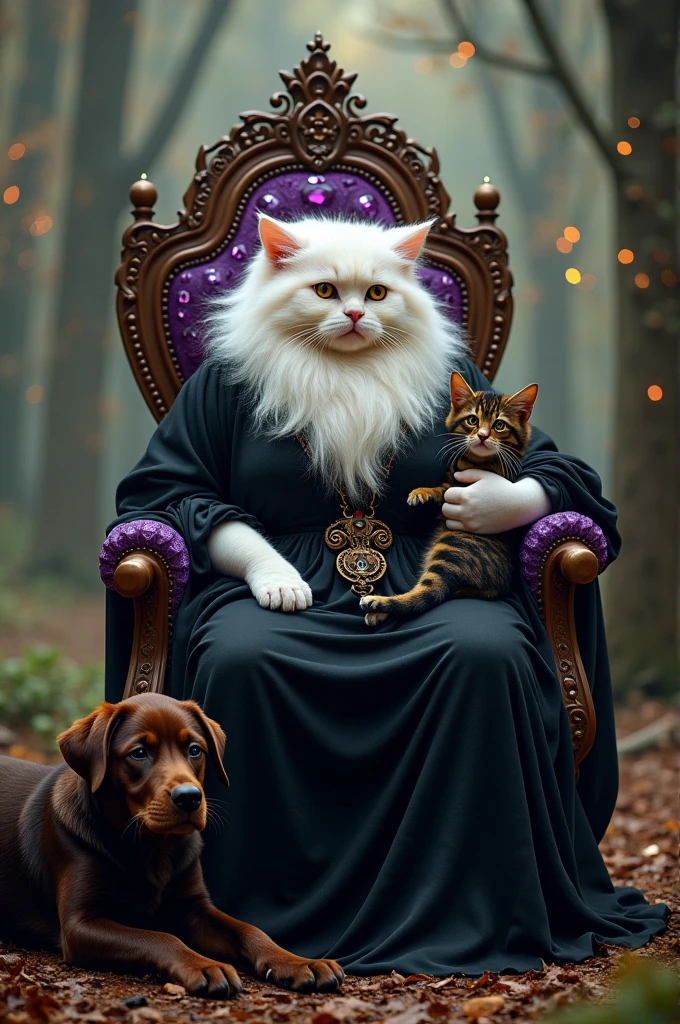 white witch, chubby, with chocolate fur and black dress
Sitting on a throne made of amethyst stones
On her lap a black and yellow striped cat, and at our feet a dark brown labrador dog