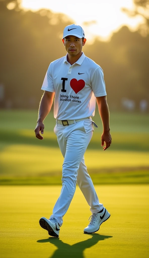 Make a picture of a handsome Korean male golf player, The shoes are Nike, The hat is Nike, Make me a pair of Nike shorts, Make a view of me walking towards you, bust shot, Make sunglasses glasses, Make your eyes clearer, Make a T-shirt with the words "I love Jeong Im-seon"
