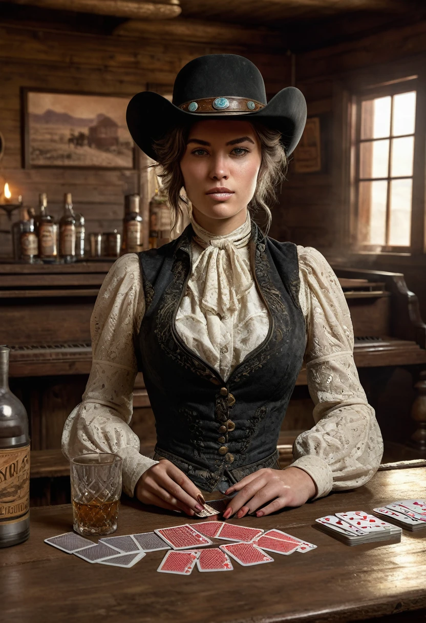 Female cowboy dead alive in a saloon in the old west,black skin,curly head,sitting,smoking,cigarette,drink,piano,6-bullet revolver,barrel,table,playing cards,wild west,dust,artwork,3d,4k,detailed,realistic