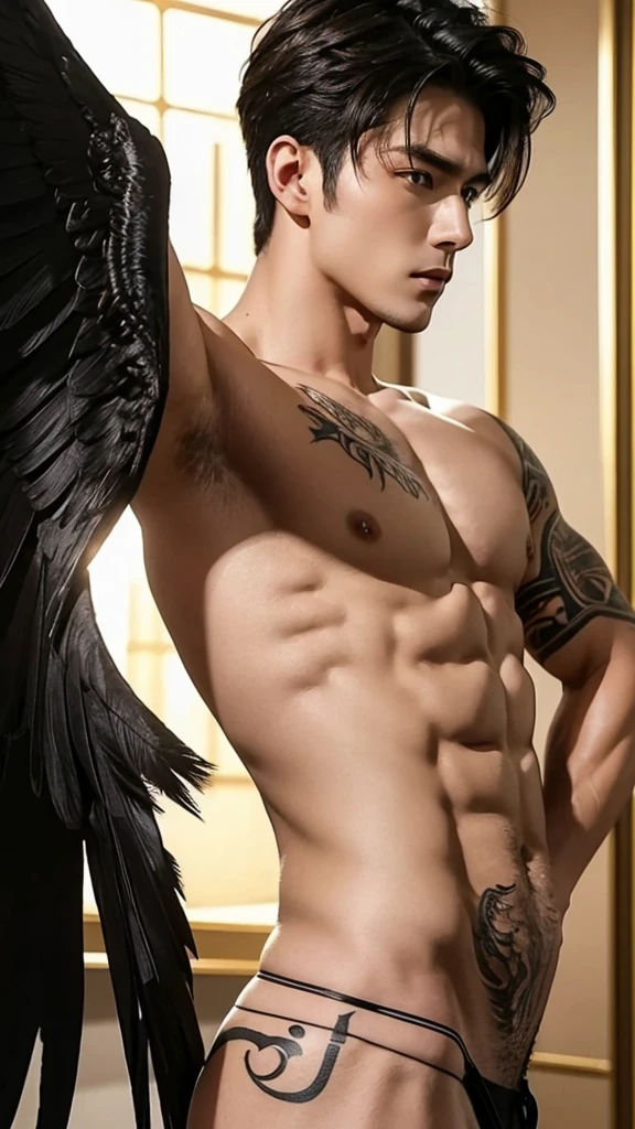 Muscler handsome man, bare body, perfect face, sexy eyes, black hair, perfect body, smooth body, big chest, big golden wings on his back, tattoos on his whole chest and shoulders. Giving a sexy look which is captivating and enchanting.