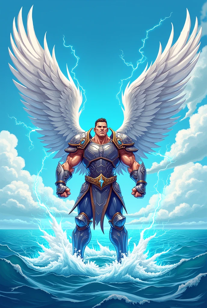 Cartoon of energetic muscular warrior with long white wings, wearing an heavy armor ,surrounded buy blue and white electricity , background is blue with clouds at top and ocean at the bottom