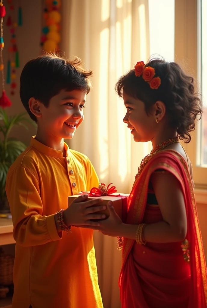 A young brother is giving gift to his sister for rakhi