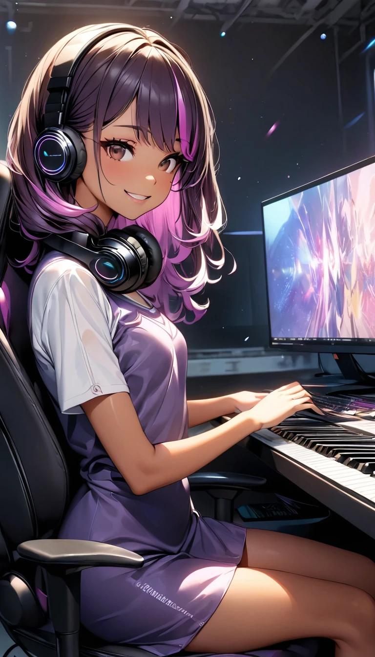 (highest quality:1.2, Very detailed, up to date, Vibrant, Ultra-high resolution, High Contrast, masterpiece:1.2, highest quality, Best aesthetics), Portraiture、girl, 25-years-old, Bright colors、Beautiful fine details、Beautiful lip detail, long hair、black and purple ((streaked hair:1.6)), highlights hair: 1.5, brown eyes, ((slim body:1.4)), (small breast:0.7), (dark skin:0.5), purple mini dress, ((wear headphone:1)), music composer, playing music keyboard on the desk, sitting gaming chair, smile:1, side shot, (cowboy shot:1.1), (PC Displays on the side), upper body
