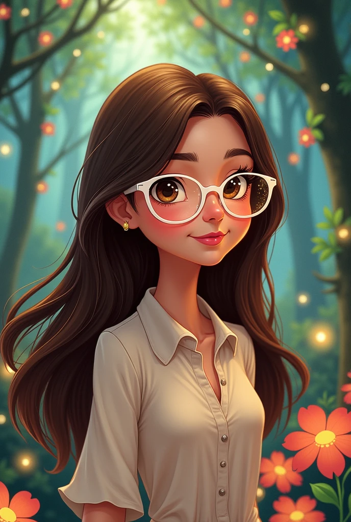 I want you to make a Disney style drawing, of a brunette woman with long, flowing hair, com olhos castanhos, wearing white glasses. 8k illustration 