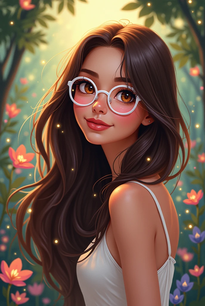 I want you to make a Disney style drawing, of a brunette woman with long, flowing hair, com olhos castanhos, wearing white glasses. 8k illustration