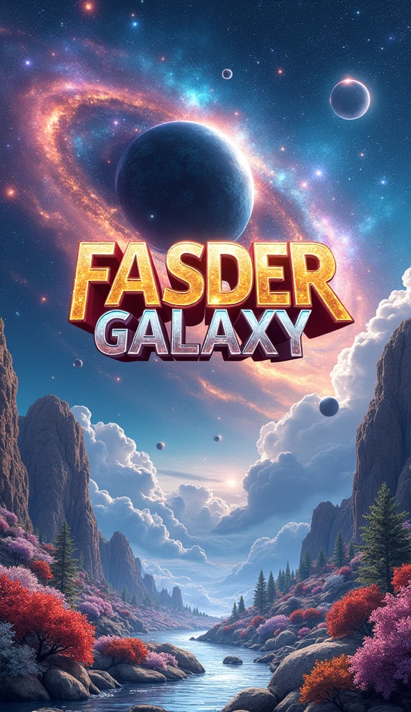 A SciFi, fantasy, mythology title word "FASDER GALAXY" written on the poster. ((there are bubbles, universe, light, thunder, fire, storm, cyclone, black hole, snow, nature, moon, sun, plants and trees, galaxy, winter, summer, crystal clear, gold, silver, diamond, stars, planets, birds, aesthetic, ultra resolution, realistic, infinity, HD, Sci-Fi, adventure, fantasy, horror, 3D, Poster)). Title "FASDER GALAXY".