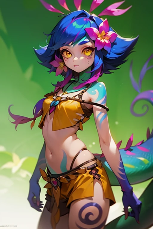 Neeko, 1girl, facial marks, hair ornaments, hair flower, necklace, brown shorts, crop top, multicolored skin, lizard tail, body paint, yellow eyes, cowboy shot, perfect anatomy