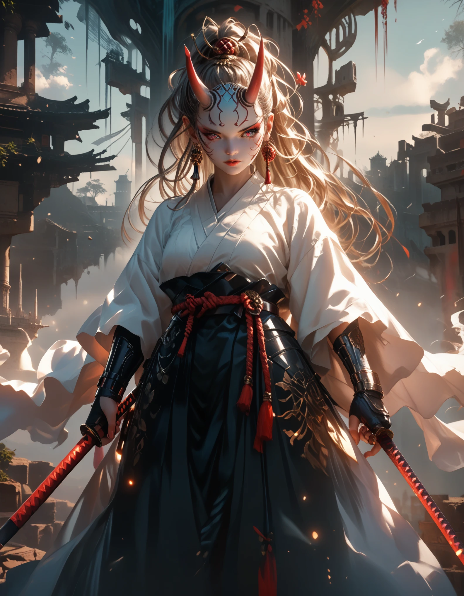 Girl 1, hkwarrior, holding a katana in her hand, Katana Emits Blue Light Sharp, beautiful figure, Samurai, Belt of Intertwined Ropes, light armor, There is an Oni mask hanging on the Belt, bright lilac eyes, long hair, hair of two colors (Red and Series), Evolve in the wind, Background Ancient Ruins, Broken Column, Tower, Clear drawing of details, All by authorship, The brightest colors, Fantasy, Cinematic film yet, check_9, check_8_up,check_7_up, dramatic lighting, very detailed, high budget,hips, synoscope, epic, fabulous, granularity, grainy,masterpiece, Best quality, Ideal Anatomy, very aesthetic, official art, 8 K, the full picture, full length, Wide Grip,