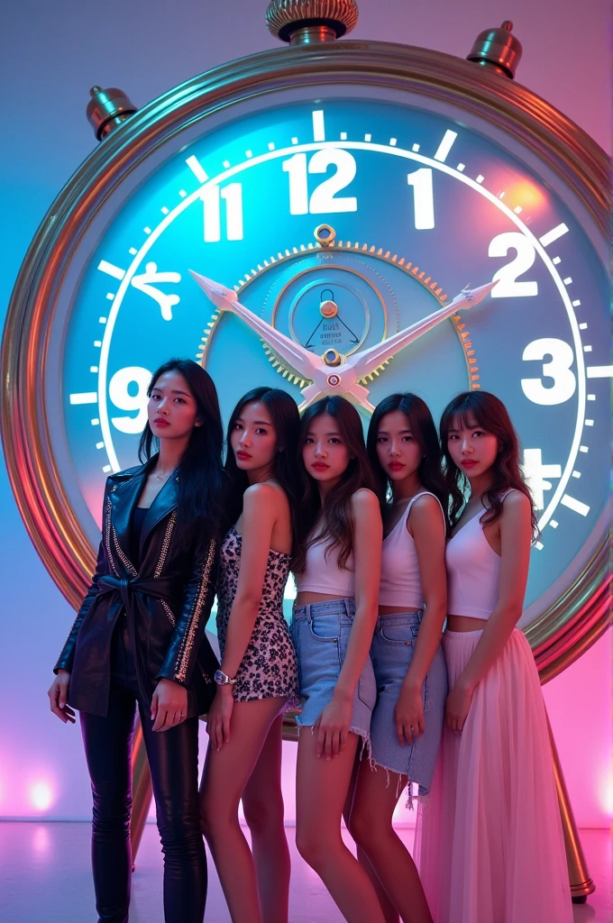 I'm taking photos for a new concept album. Create a girl group concept photo with a giant watch