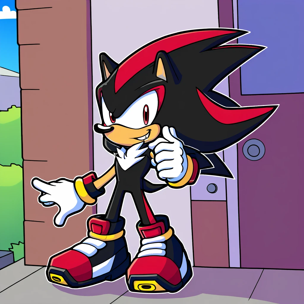 Duck character, wearing black shorts,￼ doing some dyamic action, and the sonicverse, shadow the hedgehog being weird,