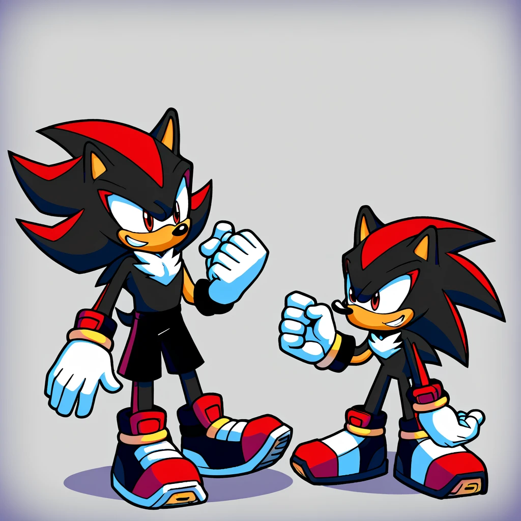 Duck character, wearing black shorts,￼ doing some dyamic action, and the sonicverse, shadow the hedgehog being weird,