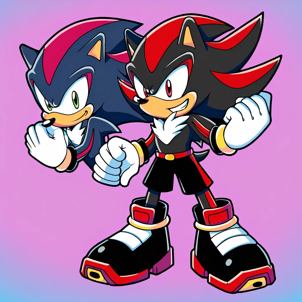 Duck character, wearing black shorts, doing some dyamic action, and the sonicverse, shadow the hedgehog being weird,