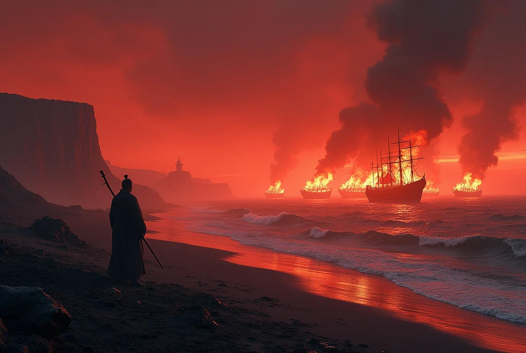 The Battle of Red Cliffs, First-Person Perspective, Night. Looking out from the beach towards the sea. On the beach, a burnt warship. In the distance, 20 ancient warships ablaze.  Flames shoot up into the sky in the distance. A hazy smoke rises from the hulls. The sky is red, and the water reflects it.