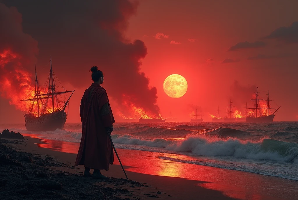 The Battle of Red Cliffs, First-Person Perspective, Night. Looking out from the beach towards the sea. On the beach, a burnt warship. In the distance, 20 ancient warships ablaze.  Flames shoot up into the sky in the distance. A hazy smoke rises from the hulls. The sky is red, and the water reflects it.