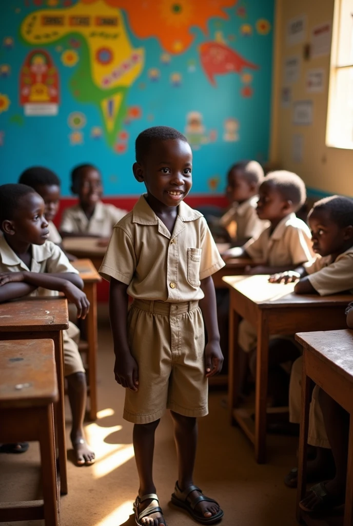 A group of African  at school are making fun of their unfortunate classmate with a torn school uniform who is in a state of poverty..