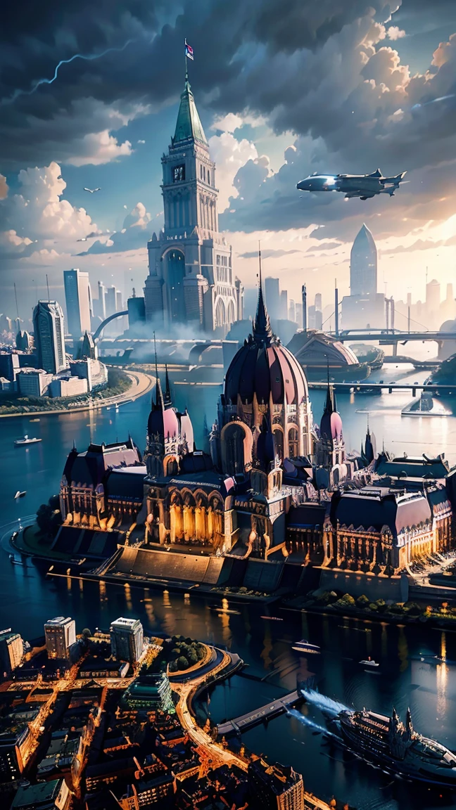 Future Budapest city (with signature buildings like the parliament) seen from an airplane:1.5,thunder:1.4,port,flying spaceship,skyscraper,master piece,highest quality,ultra high resolution,(Super detailed:1.2),8K,photorealistic,best aesthetic,beautiful
