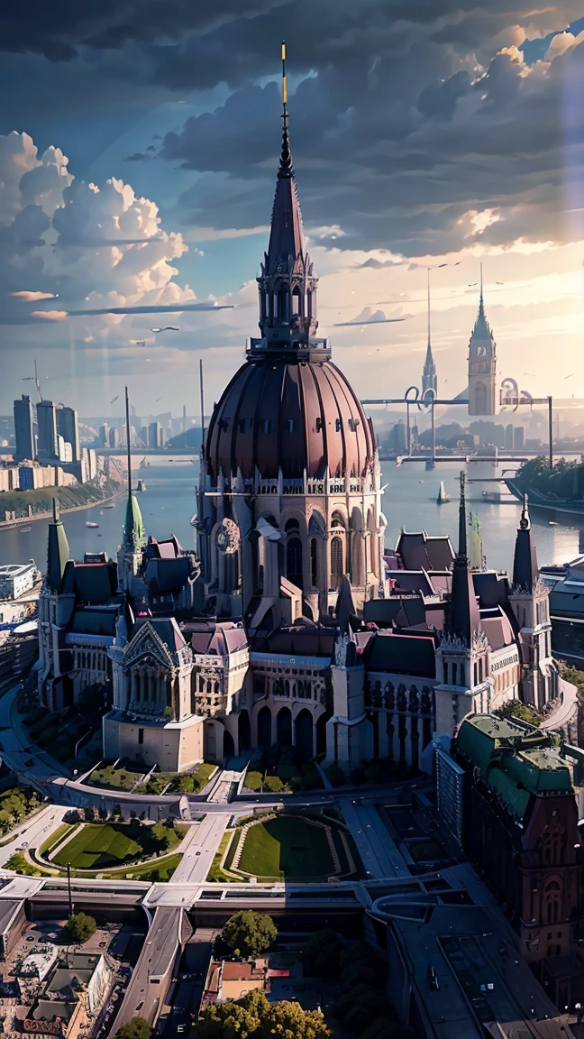 Future Budapest city (with signature buildings like the parliament) seen from an airplane:1.5,thunder:1.4,port,flying spaceship,skyscraper,master piece,highest quality,ultra high resolution,(Super detailed:1.2),8K,photorealistic,best aesthetic,beautiful
