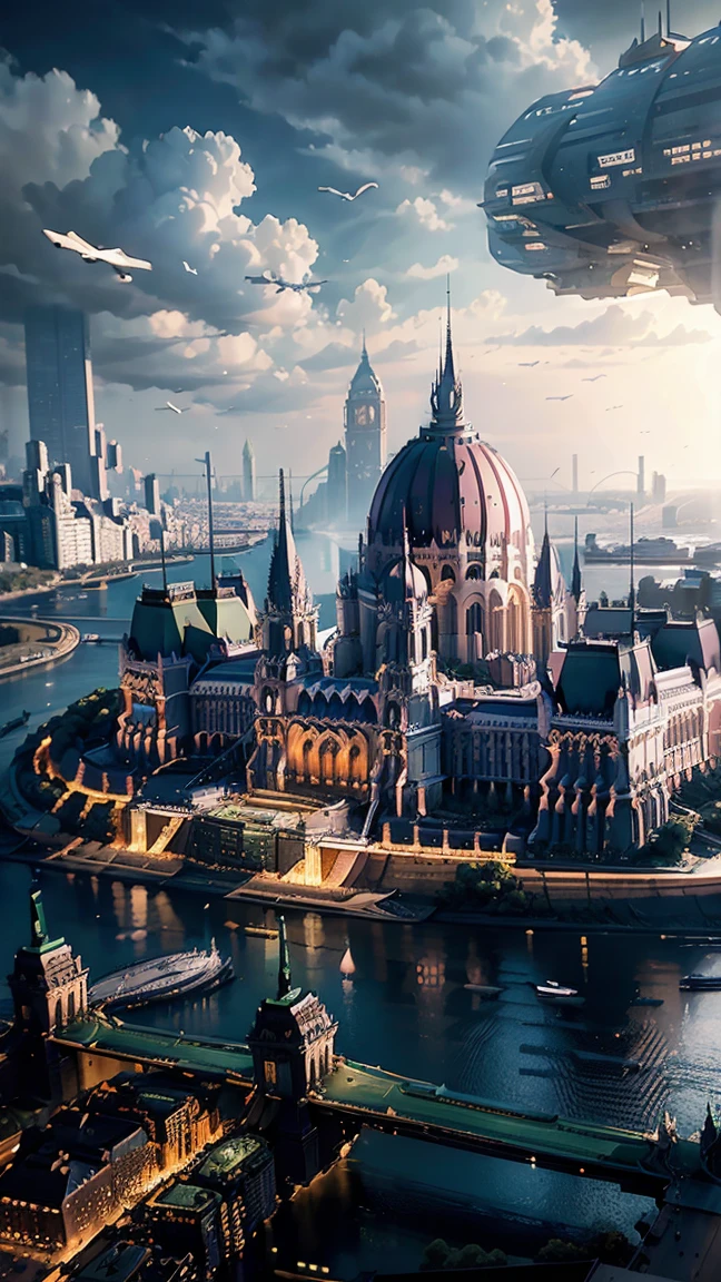 Future Budapest city (with signature buildings like the parliament) seen from an airplane:1.5,thunder:1.4,port,flying spaceship,skyscraper,master piece,highest quality,ultra high resolution,(Super detailed:1.2),8K,photorealistic,best aesthetic,beautiful
