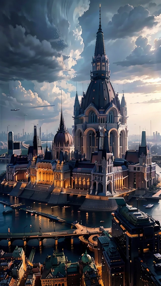 Future Budapest city (with signature buildings like the parliament) seen from an airplane:1.5,thunder:1.4,port,flying spaceship,skyscraper,master piece,highest quality,ultra high resolution,(Super detailed:1.2),8K,photorealistic,best aesthetic,beautiful