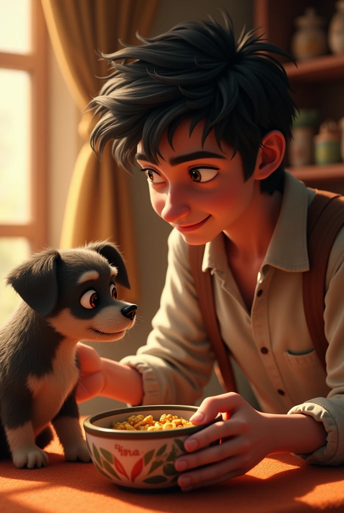 Rahul brings Tony home and begins to care for him. He carefully cleans Tony's wounds and provides him with warm food. Slowly, Tony's eyes show signs of relief and trust.

Rahul's face also reflects contentment and peace as he helps a living being in need. 3rd animations style  