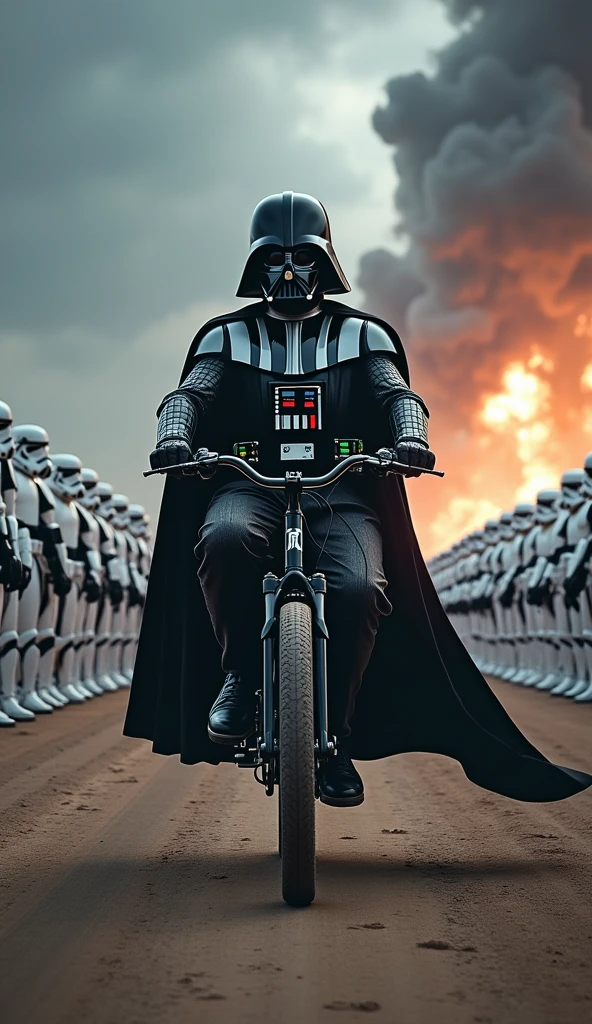 darth vader riding a bicycle in between lines of marching stormtroopers