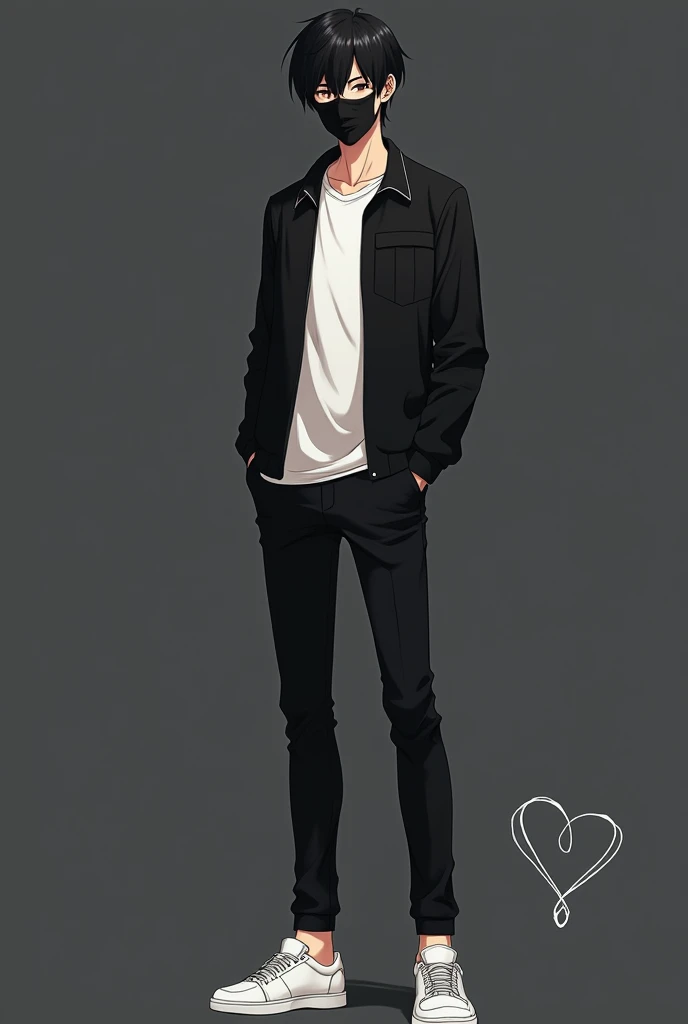 A boy tall boy wearing a black jacket with a white tshirt inside the jacket, a black trouser, white shoes with a black mask on mouth . He is an anime boy. The background is blackish grey with a heart only having boundary. The colour of boundary is white . The image contains only a half heart on right side boy is standing between the heart and the mask is on the mouth not on eyes the background is dark the boy is standing between the heart his hair style is normal with little hair on side and more hair in middle full image