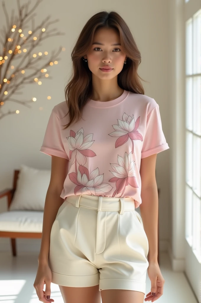 8k image of the model wearing a light pink T-shirt with a white border printed with lotus flowers and lotus leaves. Cream leather shorts. Luxurious elegant style. Background with rice white walls, chairs, and tree lights