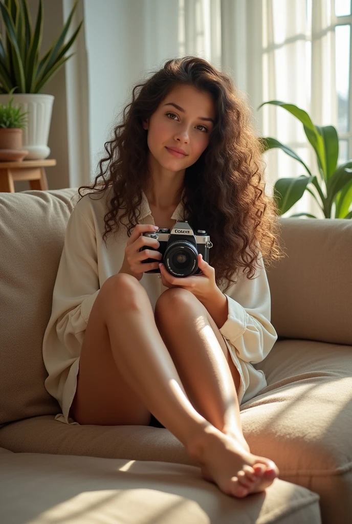 A brunette girl with curly hair and big breasts sits with her legs stretched out, taking a realistic photo