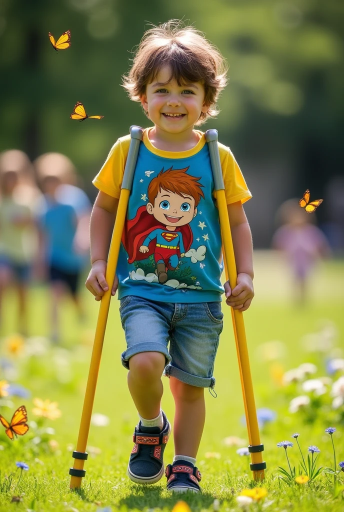 9-year-old child using a pair of crutches because his left leg was amputated