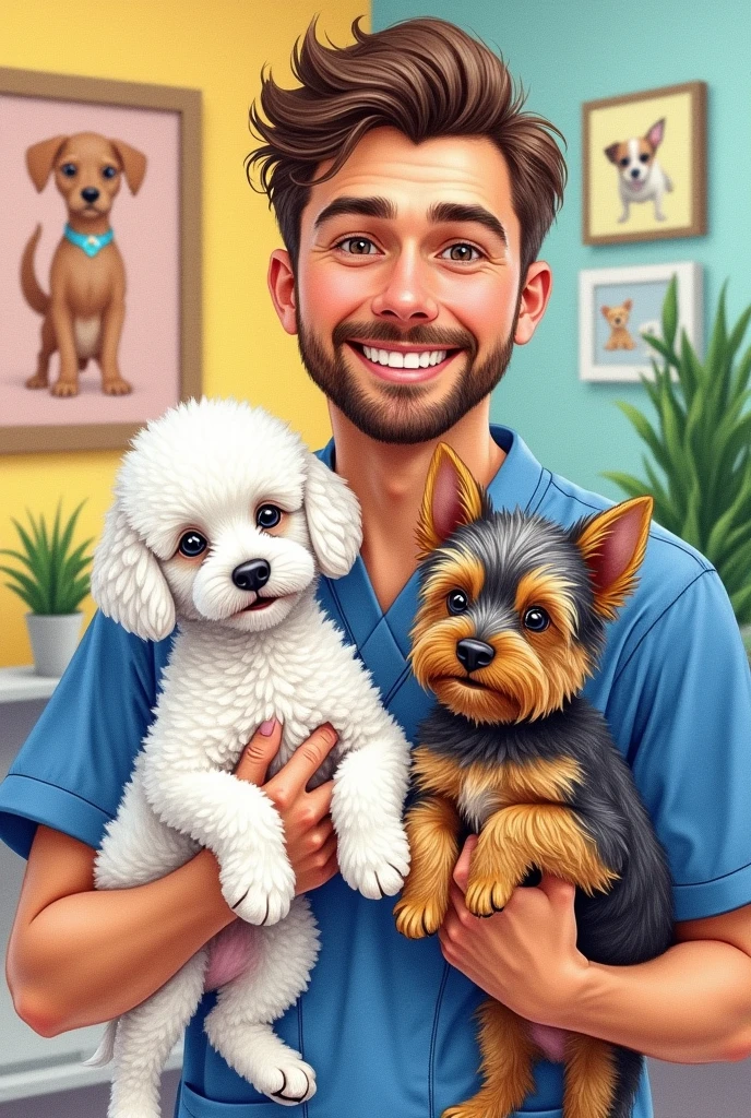 To make a crayon drawing of a male veterinarian, with brown eyes and very short hair, holding two puppies, uma poodle branca e uma Yorkshire. The Yorkshire is a little smaller than the poodle, It has ears up and short fur.