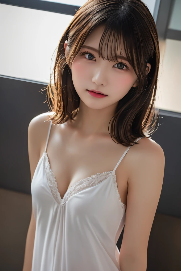 Highest quality, (beautiful)、beautiful女性、Precision Eyes、Brown Hair、Brown eyes、Looking into the camera、Soft Breasts、Medium Hair、Inward curl hair、Straight Hair、indoor、Fancy negligee、Upper Body、Cross your arms、Shoot from above