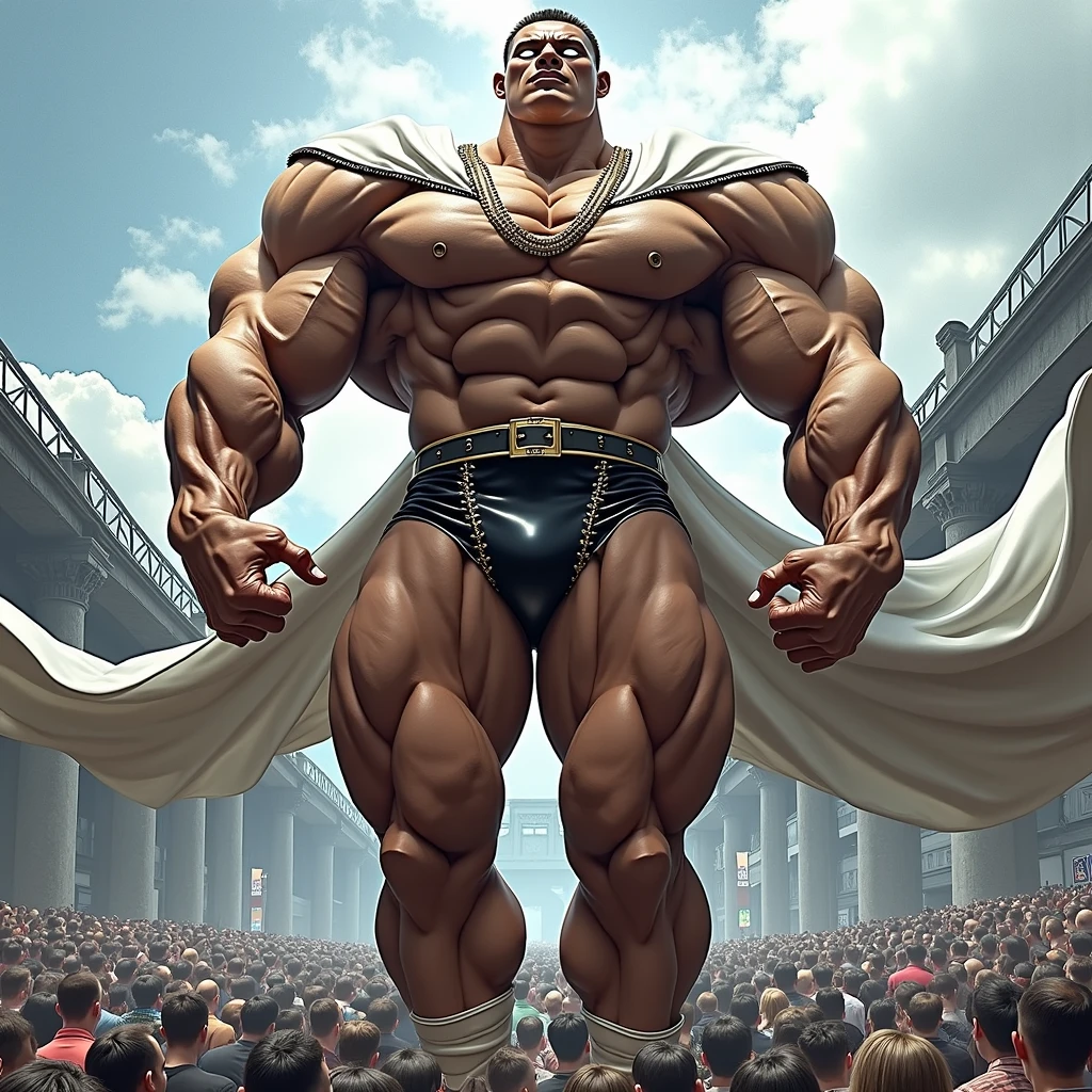 He has enormous muscles, muscles so big they make his head look small compared to his body. The muscles of his shoulders are so big and inflated that they seem to surround his head and make it look small. His legs are more muscular and enormous, They are twice as long as those of a normal body, and these are three times larger and more muscular., His thighs look especially more developed and inflated with muscles which he wears a pair of extra-long white Nike football stockings that he wears stretched up to his knees and white Nike Air Max 97s.. The stockings should be very long and should be super stretched so that all the muscles in the god's legs vibrate.. He has short hair and white eyes He is standing with his legs together and striking a double bicep pose. The white stockings must be super stretched to cover the entirety of his leg and thigh muscles. He wears short black leather briefs decorated with gold studs at the waist and a tight, shiny, long-sleeved leather shirt with gold detailing on the collar and sleeves. He wears a long flowing white cloak.. He is levitating above a crowd of people who are super small and whom he crushes with his feet.. The power of God surrounds him in the form of an aura that makes him appear imposing..