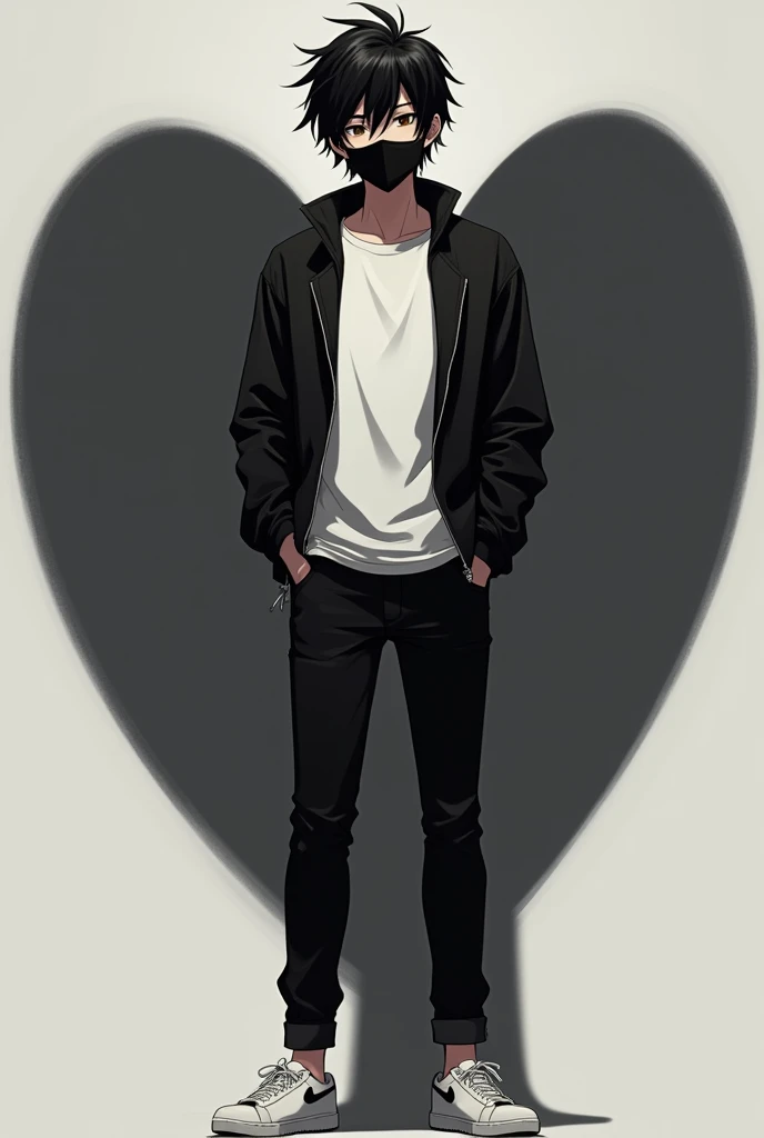A boy tall boy wearing a black jacket with a white tshirt inside the jacket, a black trouser, white shoes with a black mask on mouth . He is an anime boy. The background is blackish grey with a heart only having boundary. The colour of boundary is white . The image contains only a half heart on right side boy is standing between the heart and the mask is on the mouth not on eyes the background is dark the boy is standing between the heart his hair style is normal with little hair on side and more hair in middle