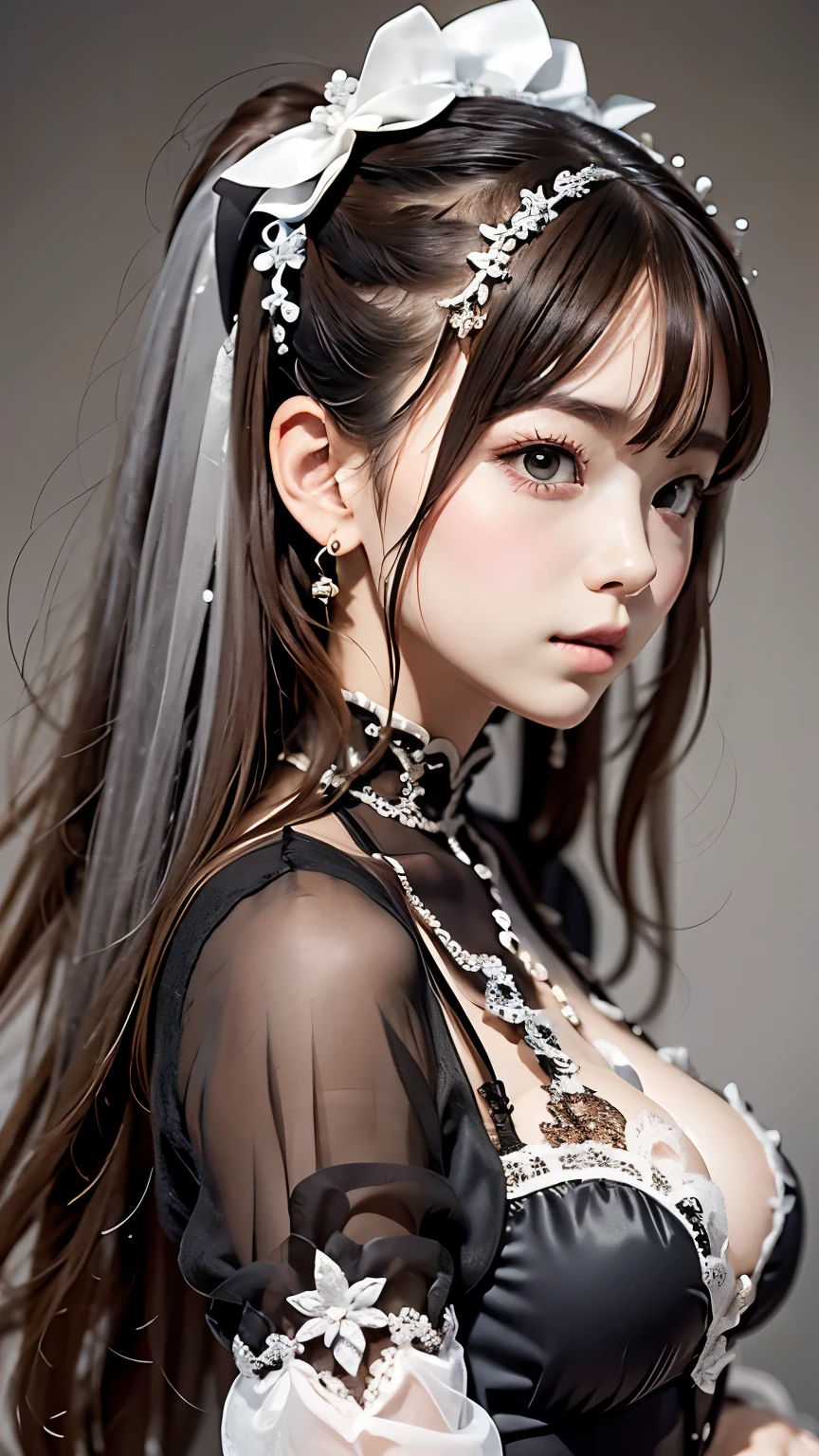 Perfect Anatomy、Highest quality、Masseter region、Very detailed、8k、Accurate depiction of the human body、Whole body angle、Delicately painted face、14talent、Woman with beautiful face、Gothic Fashion、Black Gothic Fashion、Black and white outfit、Beautiful silky silver hair:1.5、big red hair ornament、Red ribbon hair ornament、big red hair ornament、Are standing、Front Angle、Whole body angle、(((Blurred Background:1.5、Photo studio、Gray background:1.5、Gray background、Gray background、Gray background、Gray background、Cinema Lighting、Professional Photographer)))